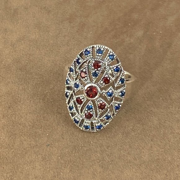 Stunning Art Nouveau Garnet and Blue Sapphire Cocktail Ring Size 7 - Picture 5 of 7